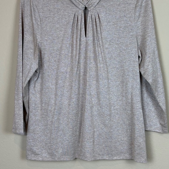 Karl Lagerfeld Paris Gold Shimmer Pleated Front/Keyhole Knit 3/4 Sleeve Pullover - Picture 3 of 10